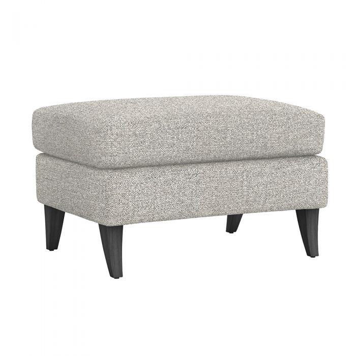 Alternate view of Kelsey Ottoman, featuring fabric upholstery, wood legs, and fixed tapered wood legs.