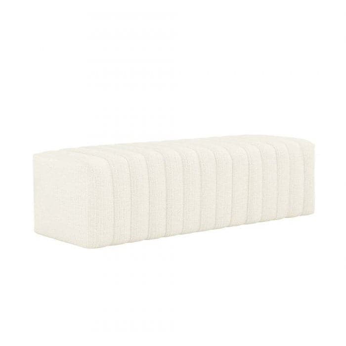 Additional view of Cleo Bench in blue-gray and ivory, featuring soft textured weave and armless bench seating.