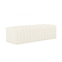 Additional view of Cleo Bench in blue-gray and ivory, featuring soft textured weave and armless bench seating.