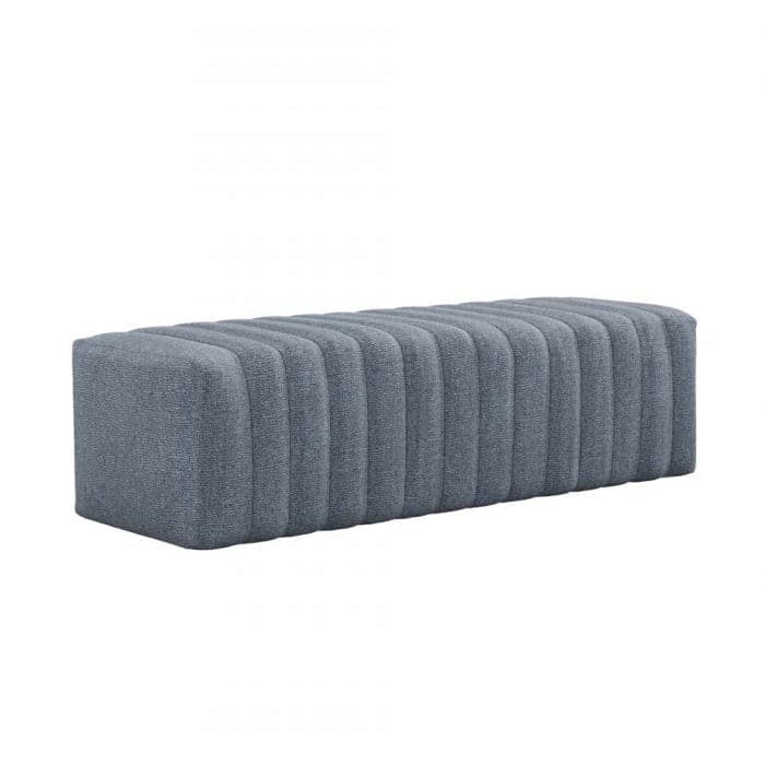 Cleo Bench, shown in blue-gray and ivory with fabric, upholstery textile, and armless bench seating.
