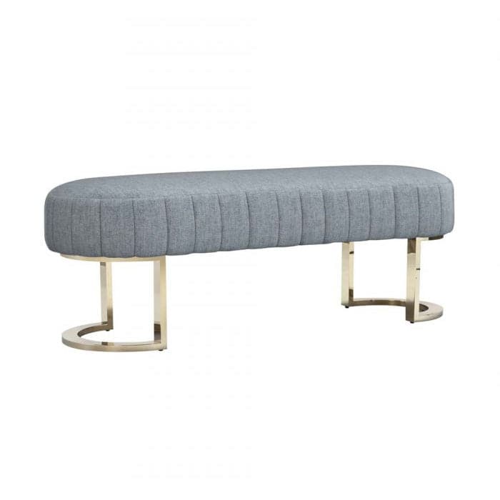 Harlow Bench, shown in heather gray and ivory with fabric, metal, and a backless armless seat.