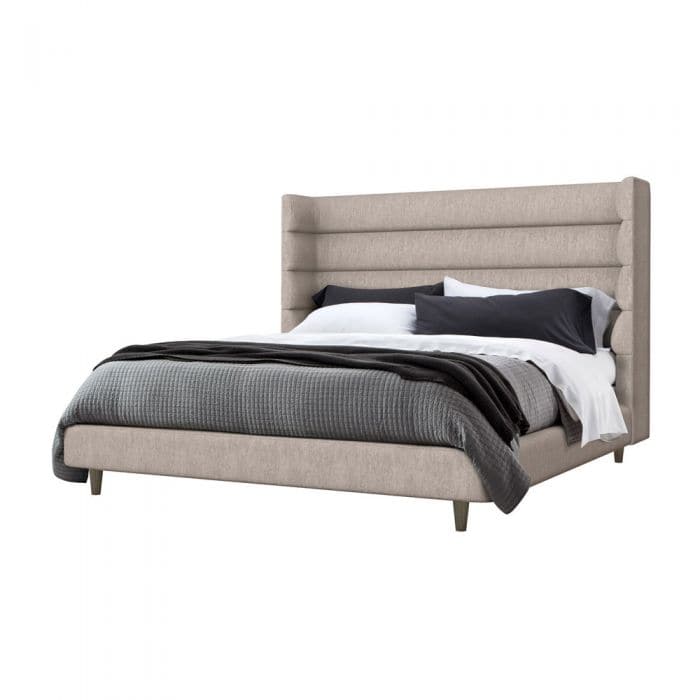 Ornette King Bed, shown in beige and cream with upholstery fabric, wood, and tall enclosed wingback headboard.