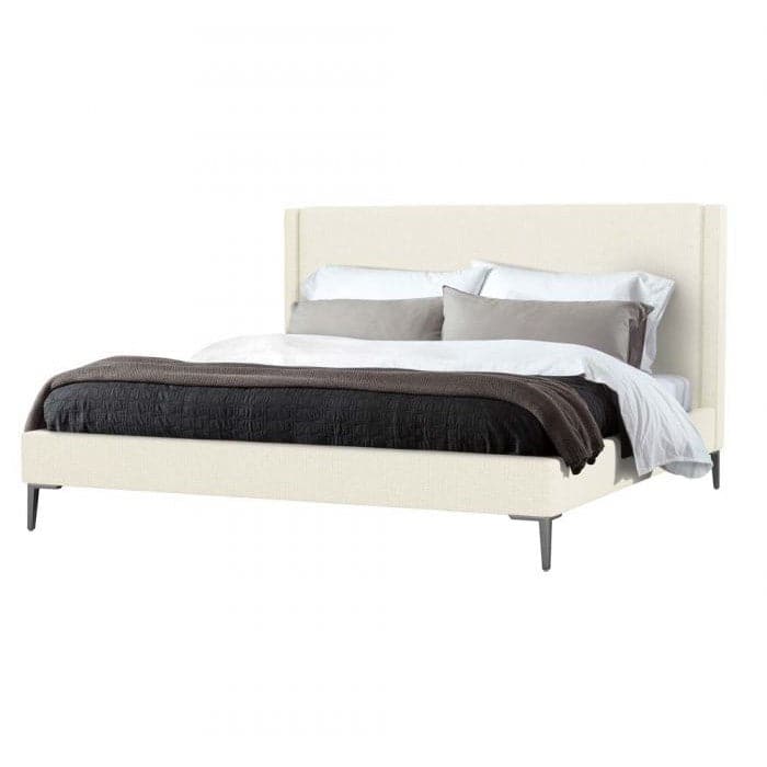 Alternate view of Izzy Queen Bed, featuring upholstery fabric, metal, and a fully upholstered platform frame.