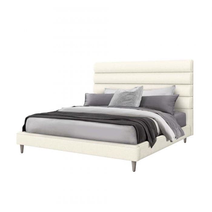 Alternate view of Channel Queen Bed, featuring upholstery fabric, wood, and a fully upholstered platform base.