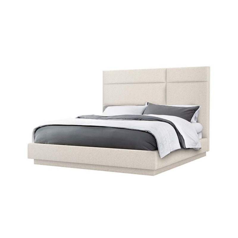 Quadrant Queen Bed, shown in beige and ivory with upholstery fabric, textile, and a fully upholstered platform base.