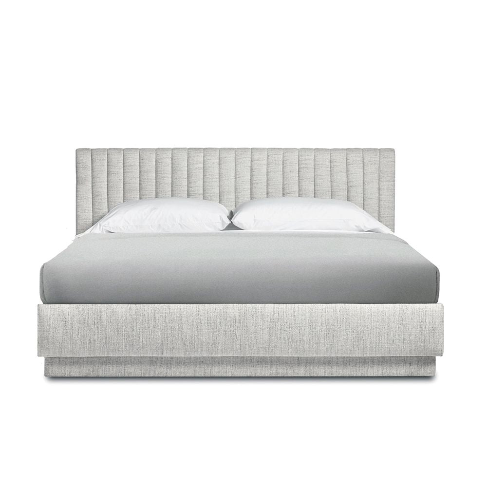 Skylar King Bed, shown in light gray and off-white with woven upholstery fabric, textile, and a upholstered platform base.