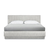 Skylar King Bed, shown in light gray and off-white with woven upholstery fabric, textile, and a upholstered platform base.