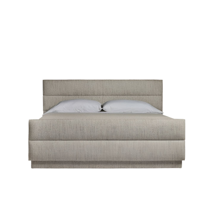 Hawthorne King Bed, shown in greige and beige with woven fabric, upholstery textile, and a fully upholstered platform frame.