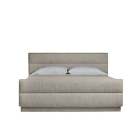Hawthorne King Bed, shown in greige and beige with woven fabric, upholstery textile, and a fully upholstered platform frame.