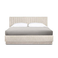 Skylar Bed, shown in ivory and oatmeal with textured woven upholstery fabric and bouclé-like textile.