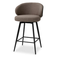 Counter Stool Camerota Scalea Grey, shown in taupe grey and black with textured fabric, metal, and a swivel base.