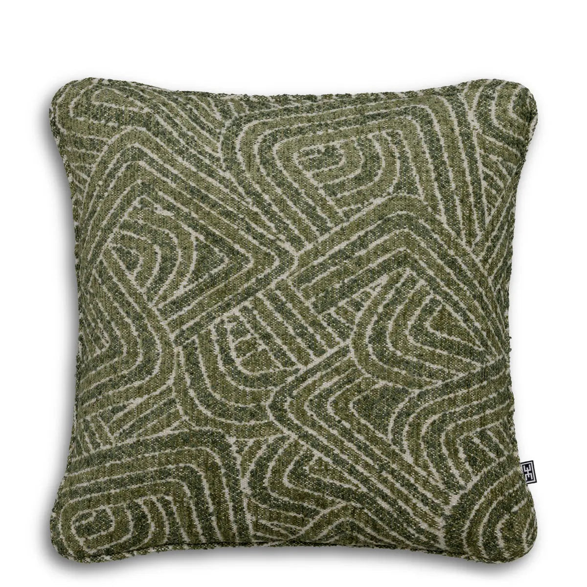 Cushion Camari S Green, shown in olive green and moss green with linen, woven textile, and knife-edge seam construction.