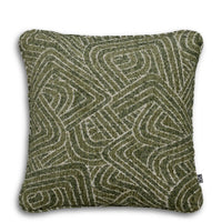 Cushion Camari S Green, shown in olive green and moss green with linen, woven textile, and knife-edge seam construction.