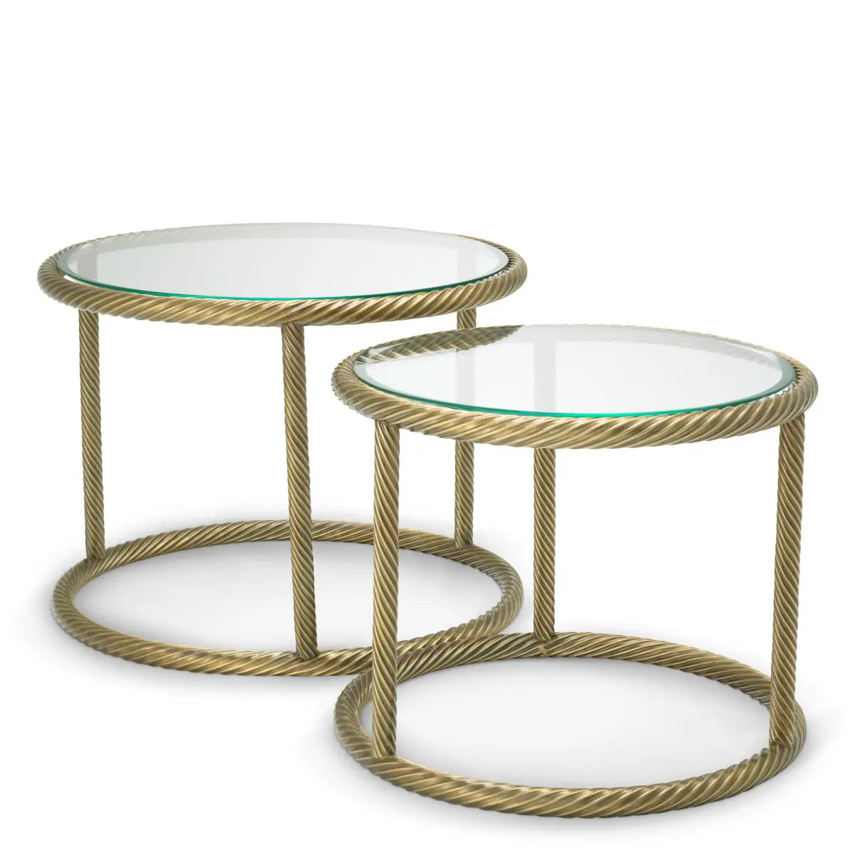 Side Table Addison Vintage Brass Finish Set Of 2, shown in vintage brass gold and clear with metal and glass.