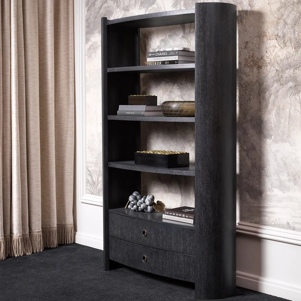 Alternate view of Cabinet Splendora Charcoal Grey Oak Veneer Bronze Finish in charcoal grey and black.