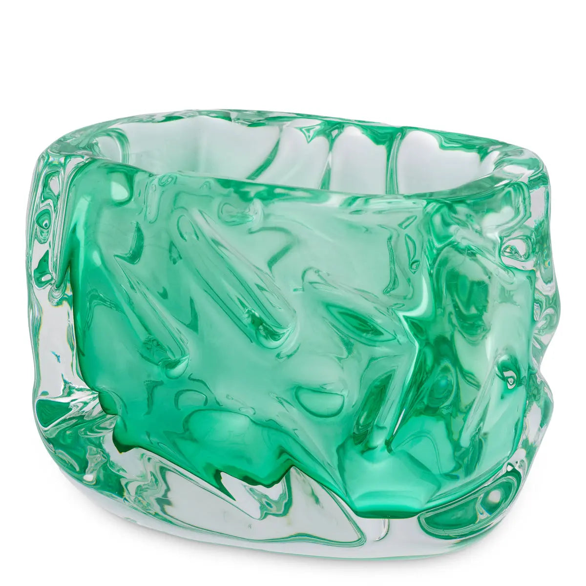 Bowl Avoir Turquoise Green Glass, shown in emerald green and turquoise green with hand-blown glass and open-top vessel.