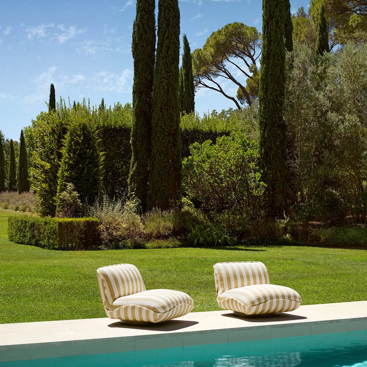 Alternate view of Outdoor Chair Relax Florent Beige, featuring upholstered, fabric, metal, and a swivel pedestal base.