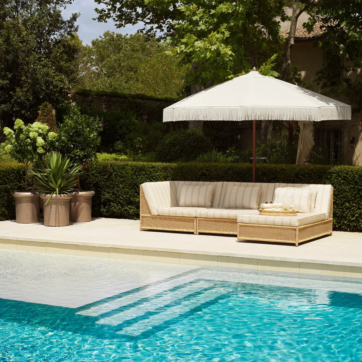 Alternate view of Outdoor Modular Chair Hampton Corner Faux Rattan Saville Beige in honey tan and beige.