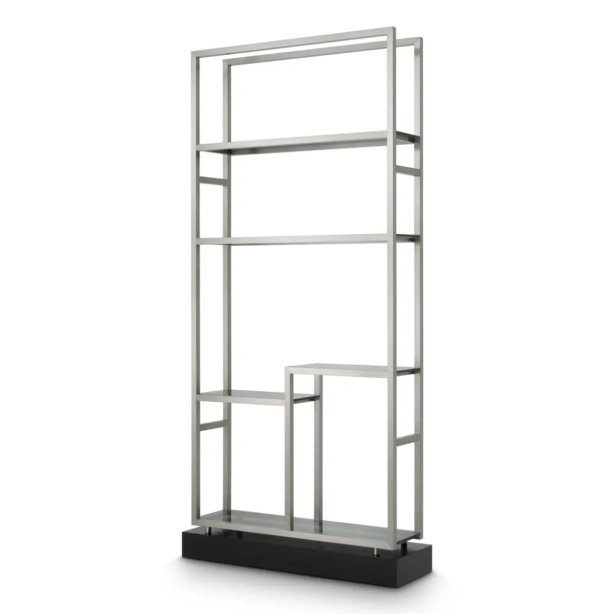 Cabinet Corrado Ii Brushed Steel Finish, shown in silver and black with steel, glass, and open étagère shelving.