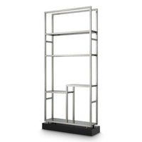 Cabinet Corrado Ii Brushed Steel Finish, shown in silver and black with steel, glass, and open étagère shelving.