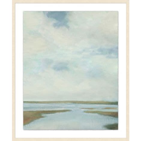 Meandering Marsh, shown in soft blue-gray and muted sage with paper or canvas print, wood frame, and framed wall art.