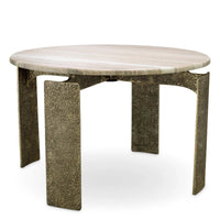 Dining Table Bodega Round Antique Brass Finish, shown in ivory and beige with marble, brass, and a round dining surface.