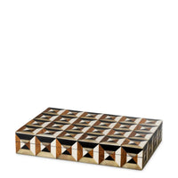 Box Marwood S Brown Black White, shown in brown and black with wood, inlay, and removable lid.