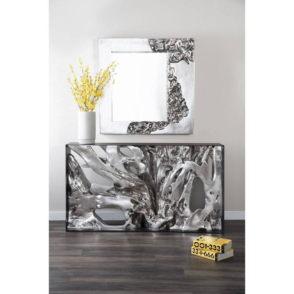 Alternate view of Lucent Console Table in silver and black.