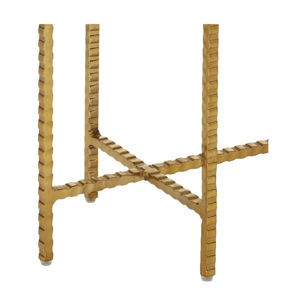 Additional view of Flying Marble Gold Side Table, featuring textured ribbed metal, stone, iron, and slim narrow footprint.