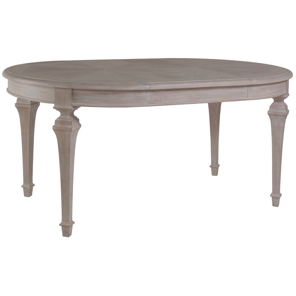 Aperitif Round/Oval Dining Table, shown in light taupe and warm gray with wood and extendable top with leaf seams.
