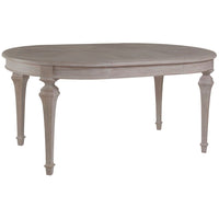 Aperitif Round/Oval Dining Table, shown in light taupe and warm gray with wood and extendable top with leaf seams.