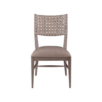 Milo Leather Side Chair, shown in taupe and greige with leather, solid wood, and armless side chair.