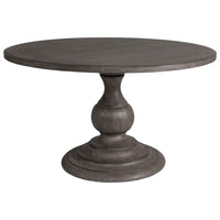 Axiom Round Dining Table, shown in gray and greige with wood and a single central pedestal base.