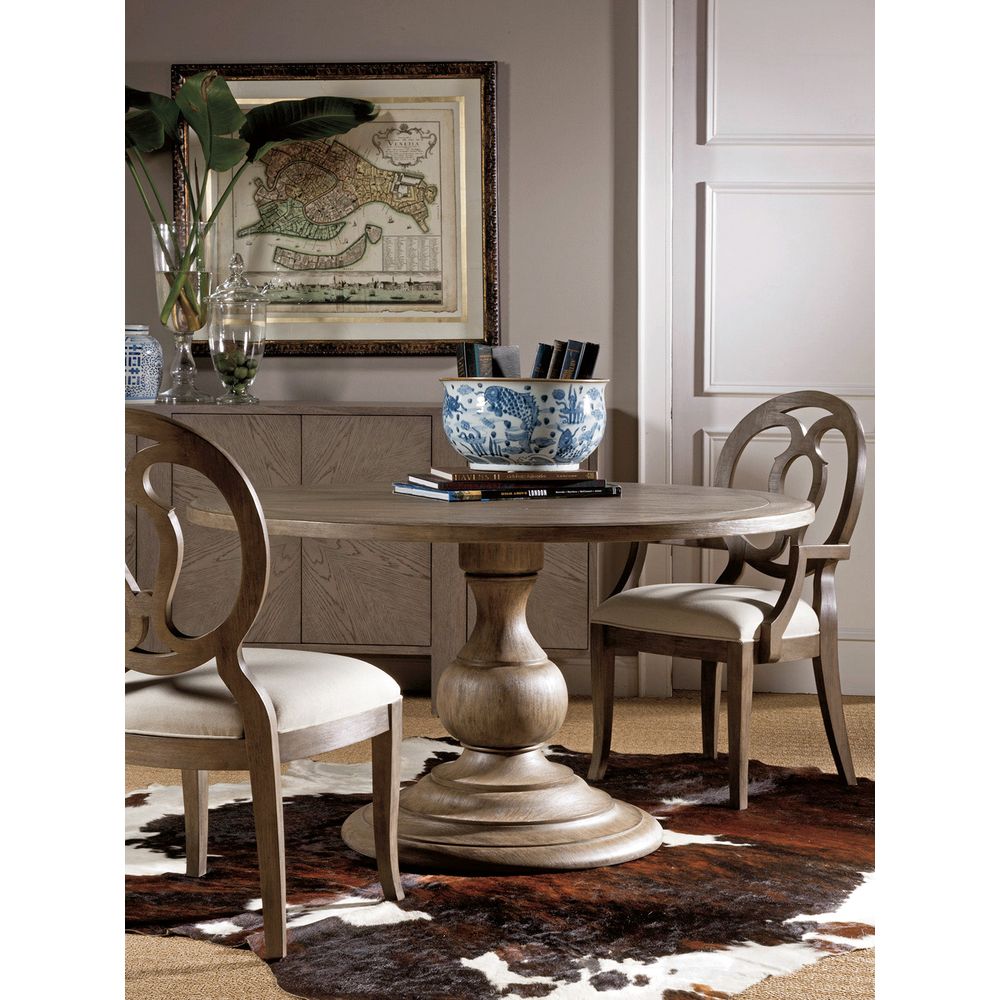 Additional view of Axiom Round Dining Table, featuring weathered finish, wood, and a single central pedestal base.