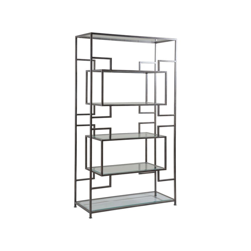 Suspension Etagere, shown in gunmetal and clear with metal, glass, and multiple fixed glass shelves.