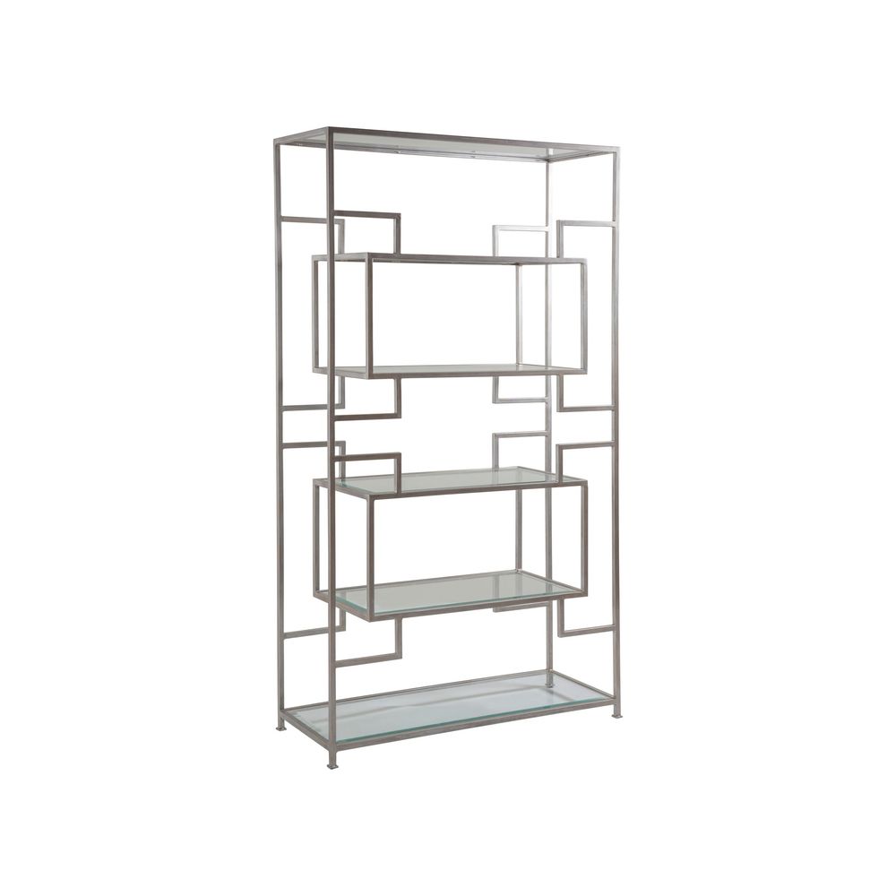 Suspension Etagere, shown in silver and charcoal gray with metal, glass, and multi-tier open glass shelving.