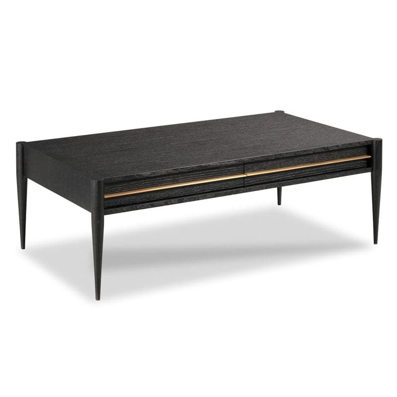 Kirkwood Cocktail Table, shown in black and charcoal with wood, oak veneer, and two full-width drawers.