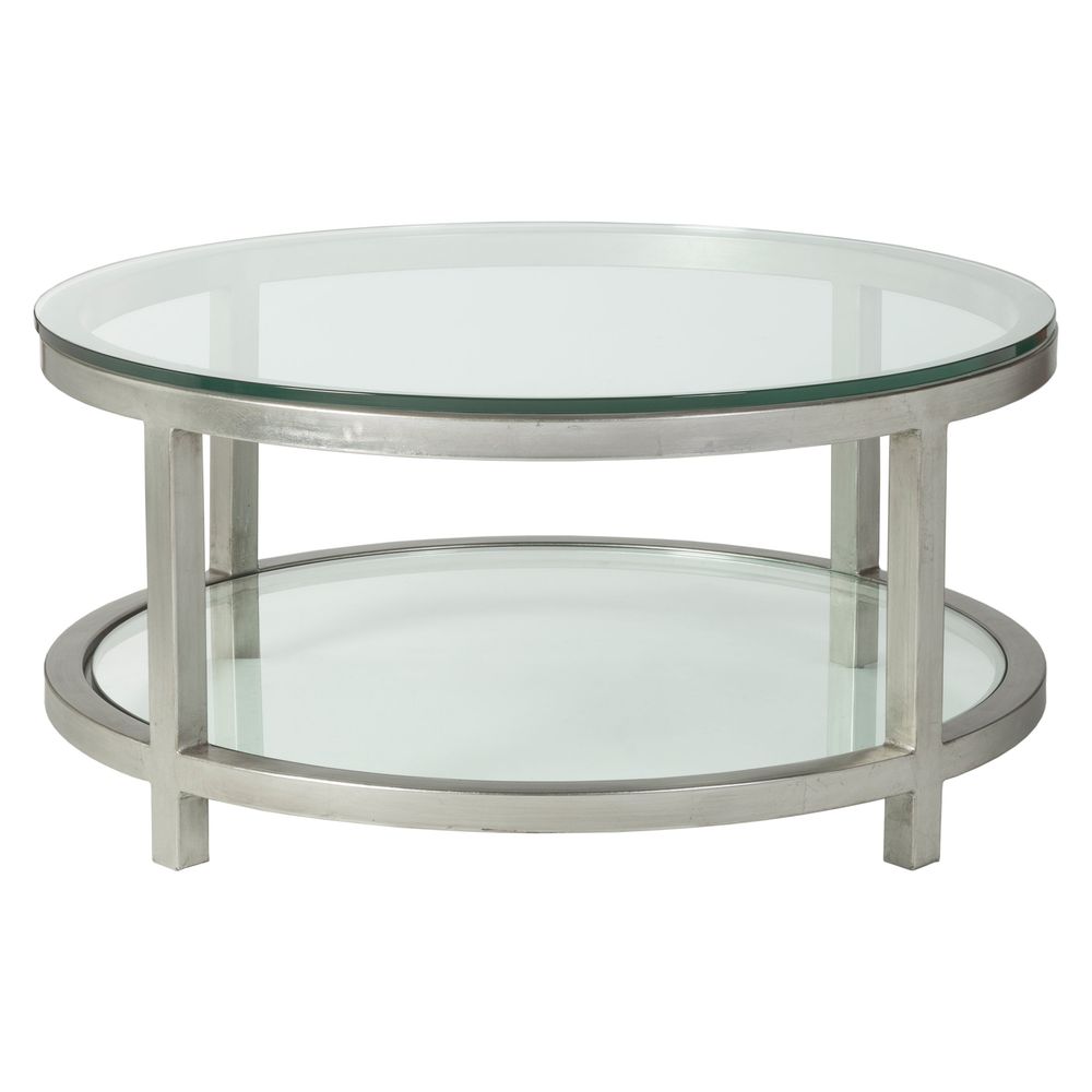 Alternate view of Per Se Round Cocktail Table, featuring metal, glass, and two-tier circular glass shelves.