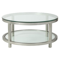Alternate view of Per Se Round Cocktail Table, featuring metal, glass, and two-tier circular glass shelves.