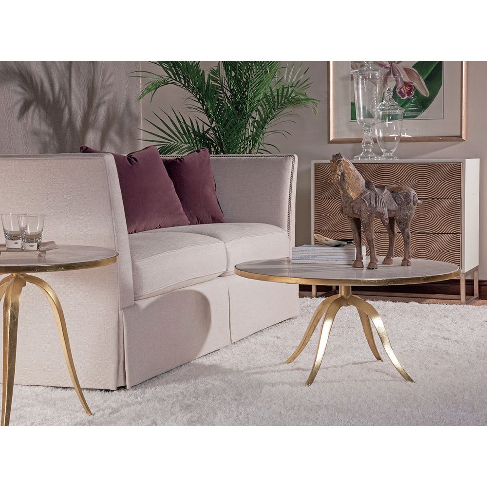 Alternate view of Crystal Stone Round End Table, featuring smooth rim band, metal, stone, and a round fixed top.