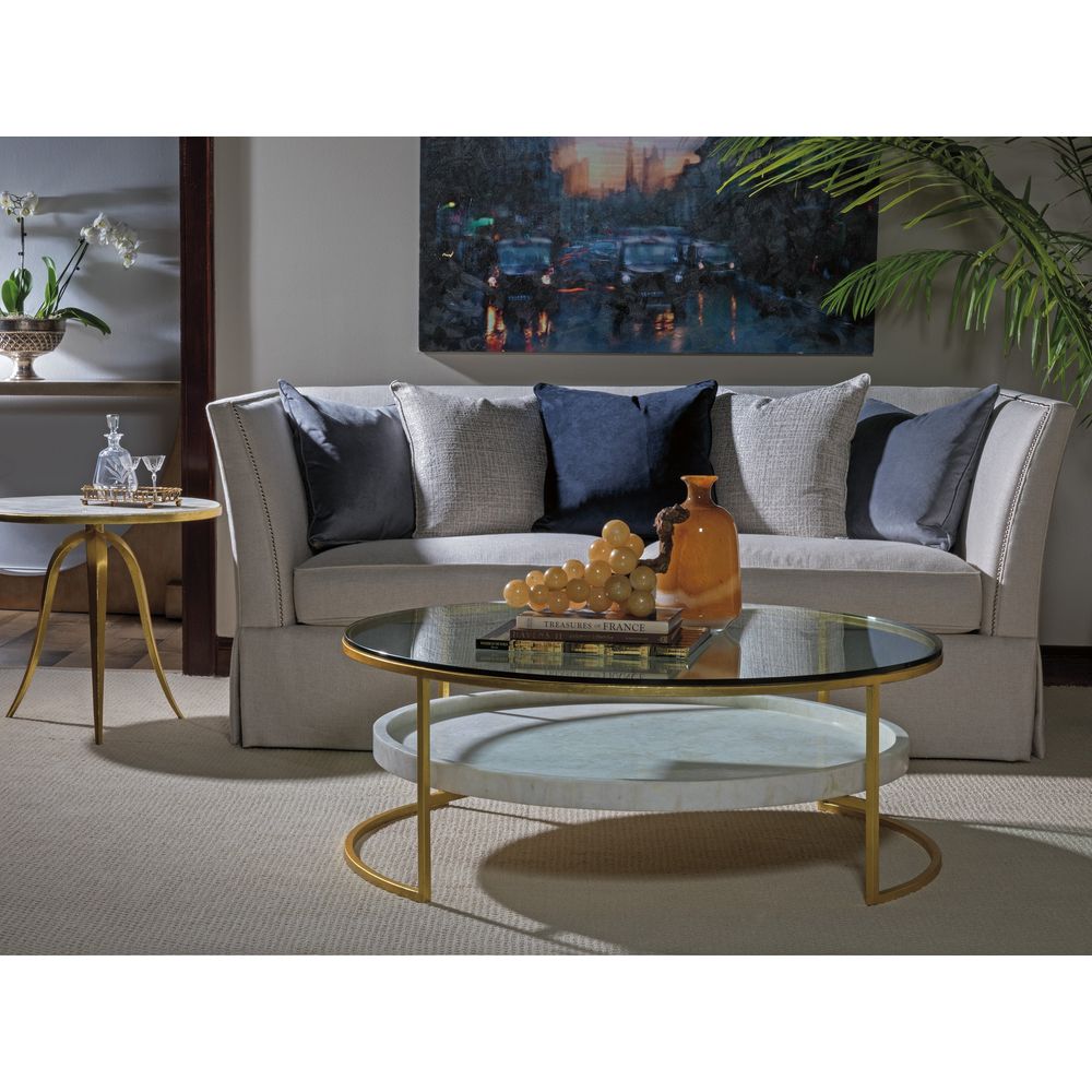 Additional view of Crystal Stone Round End Table in gold and ivory, featuring smooth rim band and a round fixed top.
