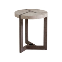 Mercury Spot Table, shown in light beige and cream with wood, wood inlay, and small round spot tabletop.