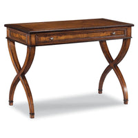 Bedside Writing Table, shown in warm medium brown and soft ivory with wood and integrated single drawer with dual knobs.