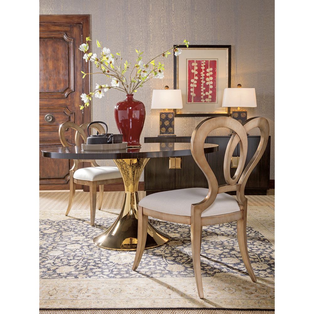Alternate view of Melody Side Chair, featuring metallic sheen finish, wood, fabric, and armless side chair.