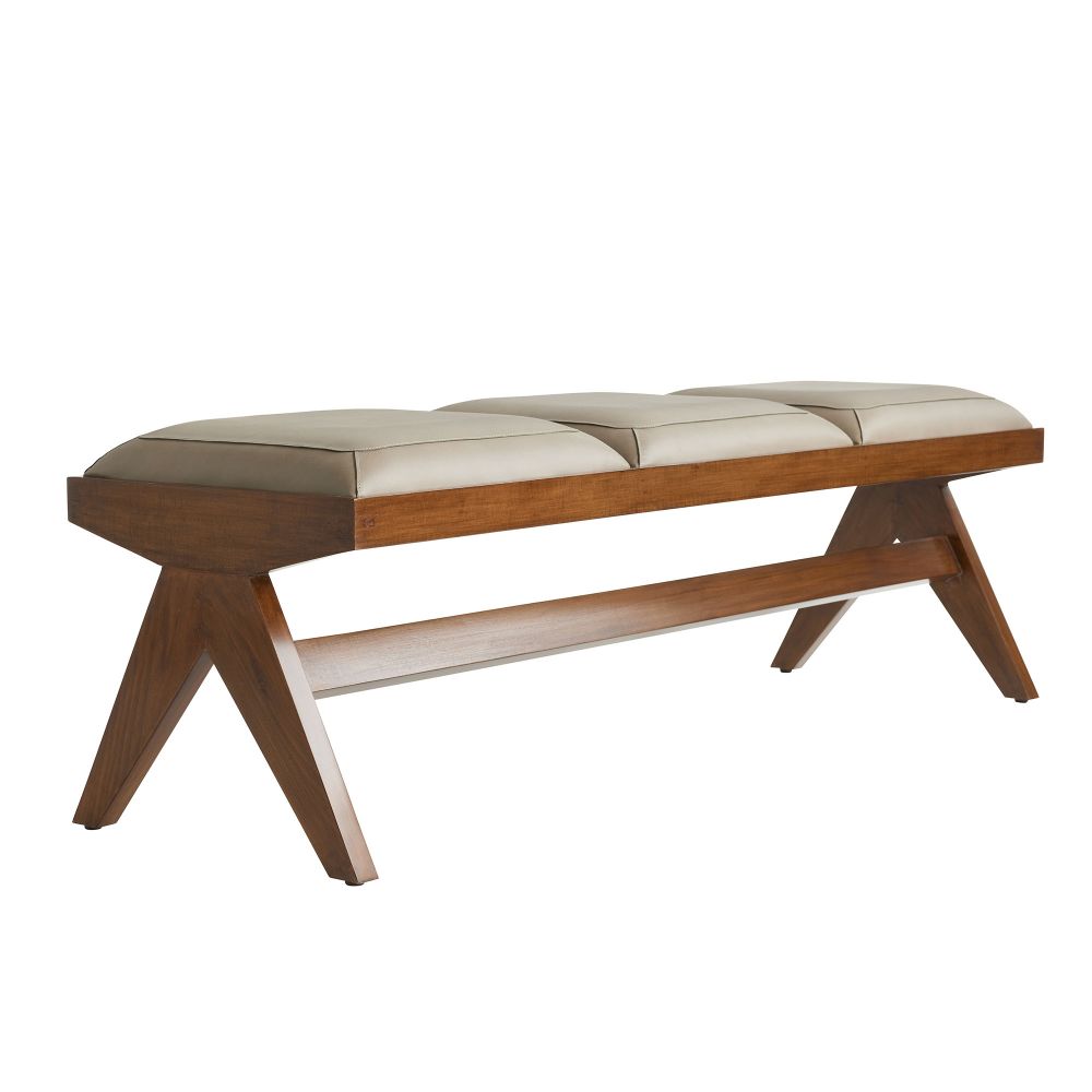 Alternate view of Zelie Bench, featuring smooth upholstery finish, leather, wood, and three segmented upholstered seats.