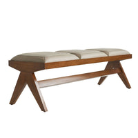 Alternate view of Zelie Bench, featuring smooth upholstery finish, leather, wood, and three segmented upholstered seats.