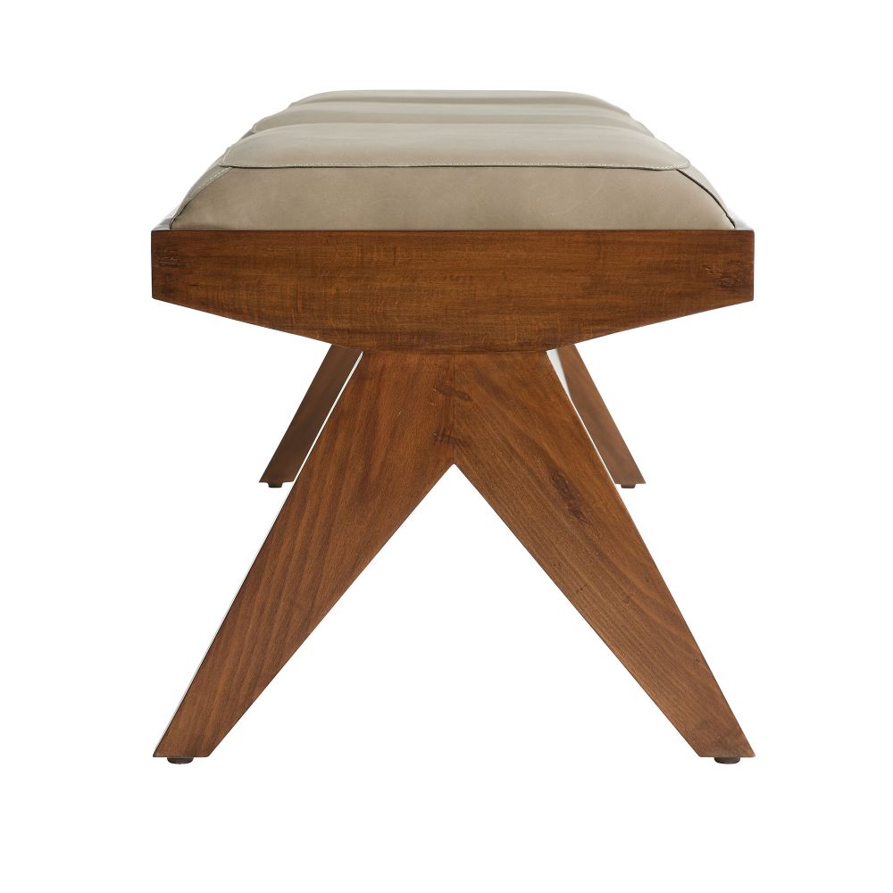 Additional view of Zelie Bench, featuring smooth upholstery finish, leather, wood, and three segmented upholstered seats.