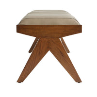 Additional view of Zelie Bench, featuring smooth upholstery finish, leather, wood, and three segmented upholstered seats.