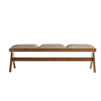 Zelie Bench, shown in taupe and medium walnut brown with leather, wood, and three segmented upholstered seats.