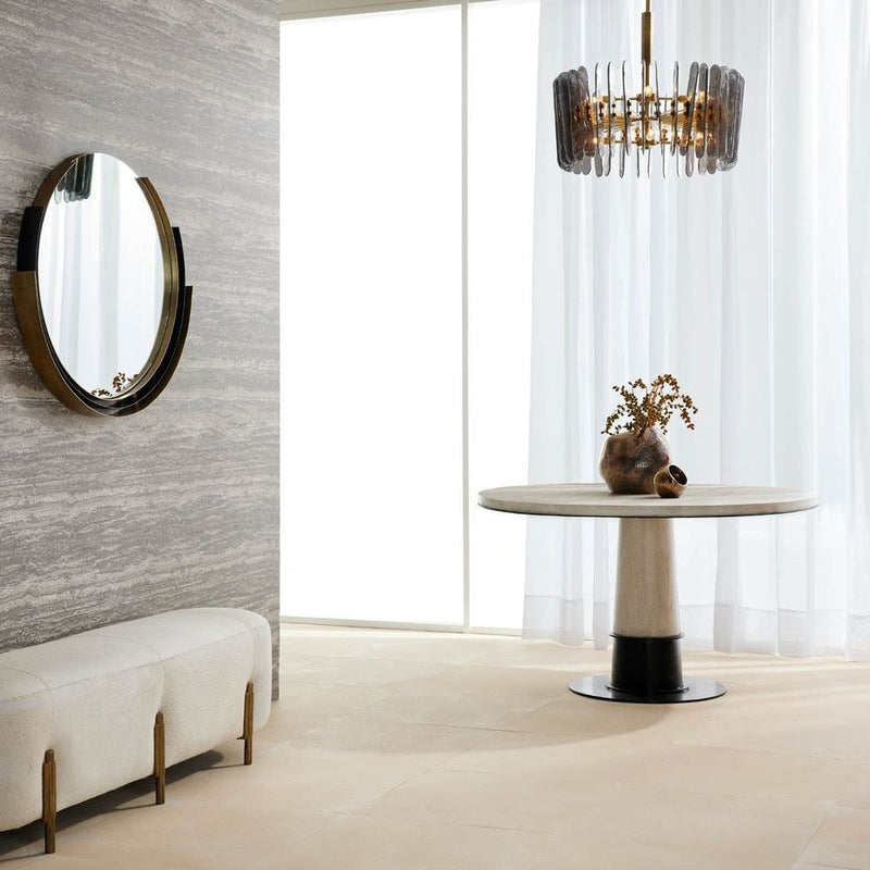 Alternate view of Justin Bench, featuring antique brass finish, hair-on-hide, cast metal, and a backless armless bench seat.